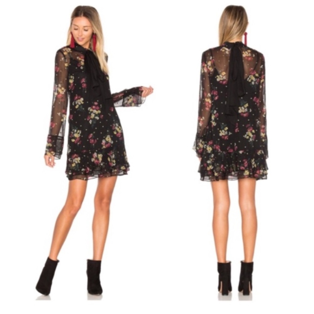 CINQ A SEPT Stevie Gilded Daisy Chiffon Mini Dress with Pussycat Bow tie NWT